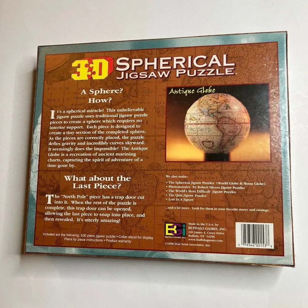 New/Sealed 1998 3D Spherical Jigsaw Puzzle Antique Globe 530 Pieces 9.5